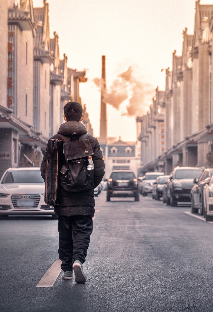 man, street, vehicle, road, building, go, people, rear view, automotive, city, chimney, alley, man, people, people, people, people, people